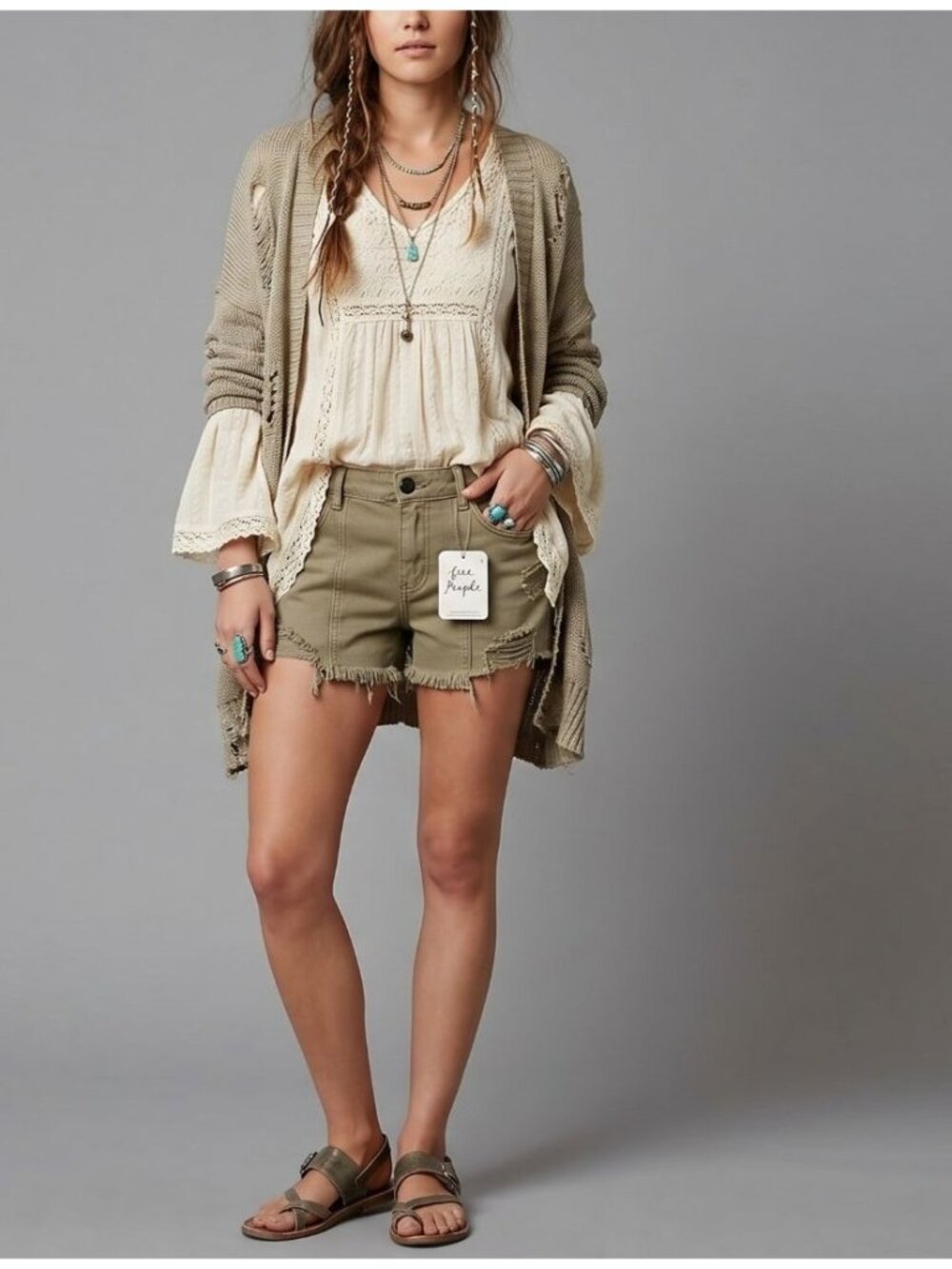 Free People Easy Goes It Boho Festival Sz 10 Shorts Beige Frayed Hem